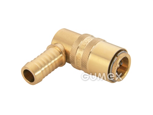 Plastikářská rychlospojka ESH, DN9, s úhlovým 90° trnem pro standardní hadice 9mm, s ventilem, 15bar, těsnění viton potažený PTFE, -20°C/+200°C, mosaz